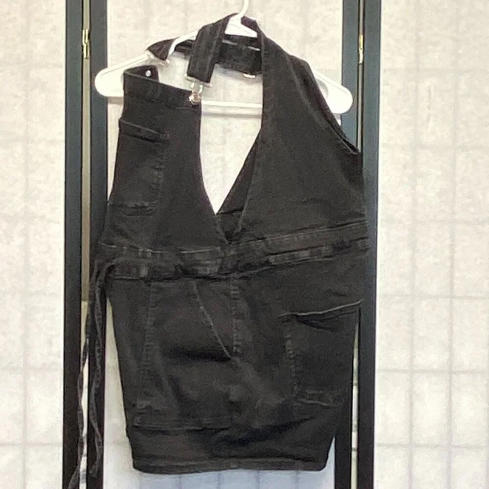 Maurices Black Denim Shortalls XL Tie Waist Bib Overalls Faded Summer Style - Picture 5 of 9